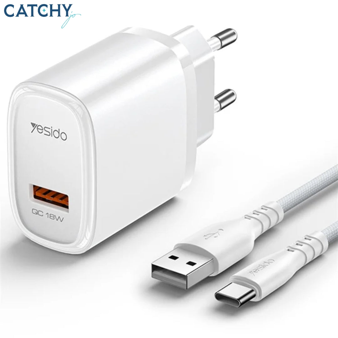 YESIDO YC66C USB Port Wall Charger With Type-C Cable (18W)