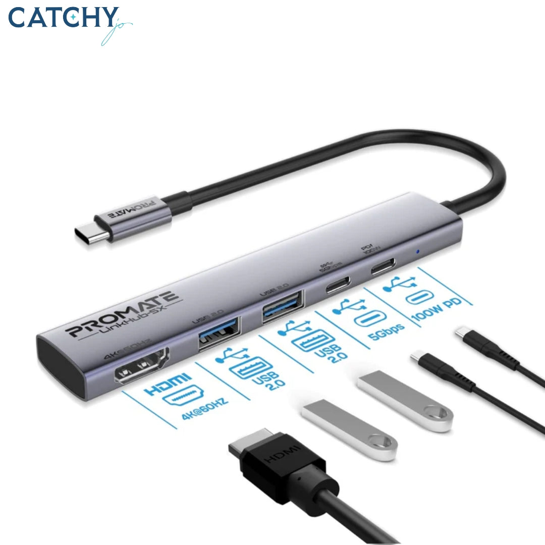 PROMATE LinkHub-5X Multi-function High-Speed USB-C Hub (100W)