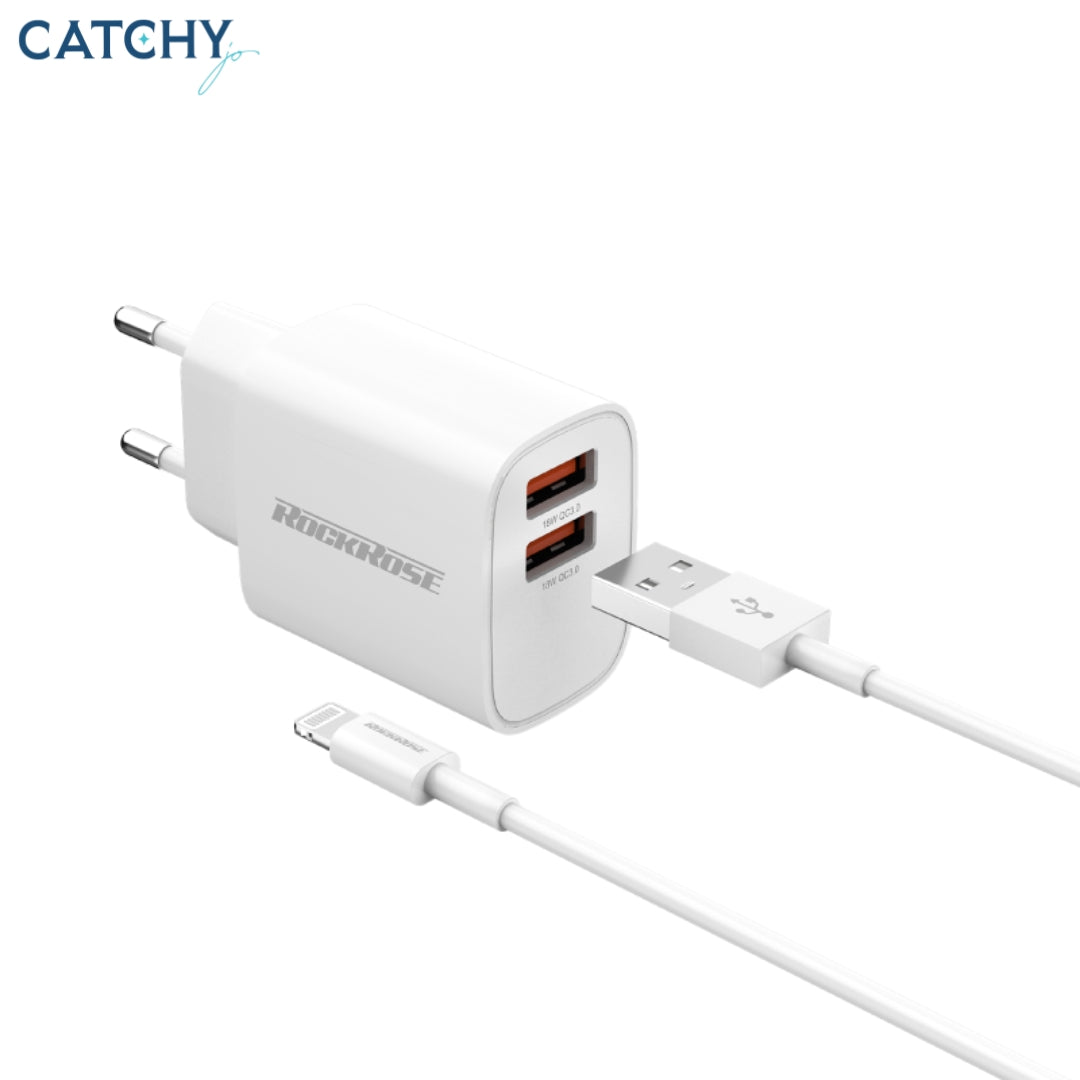 ROCKROSE Casa Pro شاحن بمنفذين مع كابل Lightning (18W)