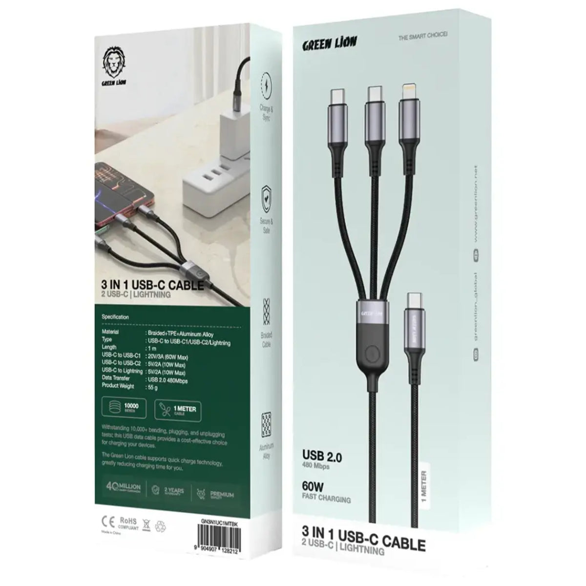 Green Lion 3-In-1 USB-C Cable With 2 USB-C & Lightning