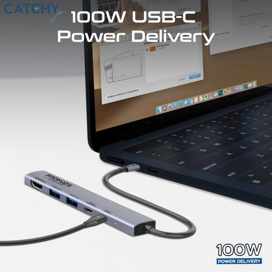 PROMATE LinkHub-5X Multi-function High-Speed USB-C Hub (100W)