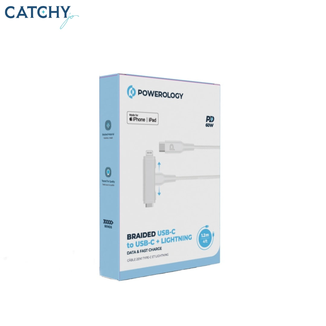 Powerology MFI Braided Type-C To Type-C & Lightning 2in1 Cable (1.2M)