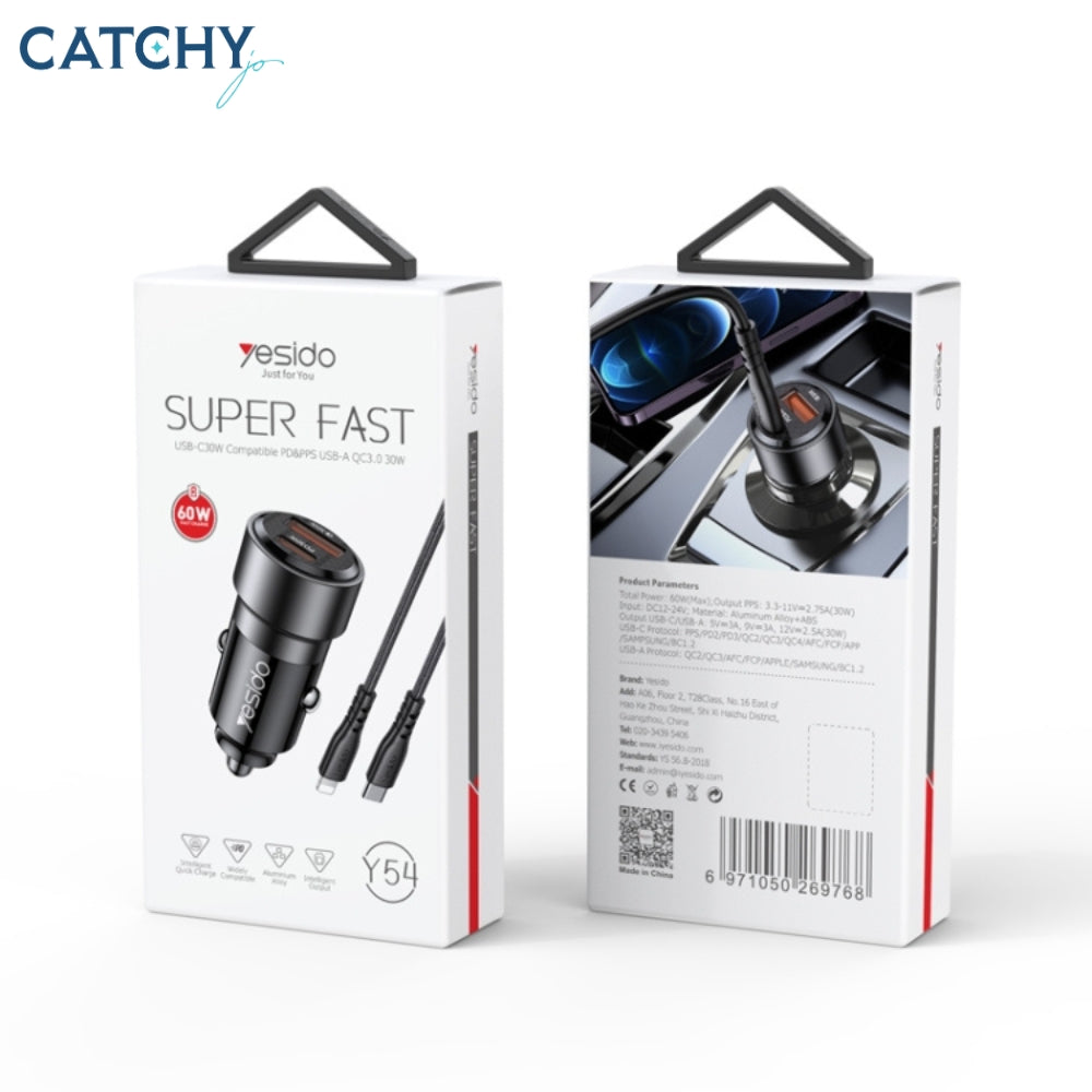 YESIDO Y54 Car Charger With Lightning Cable (60W)