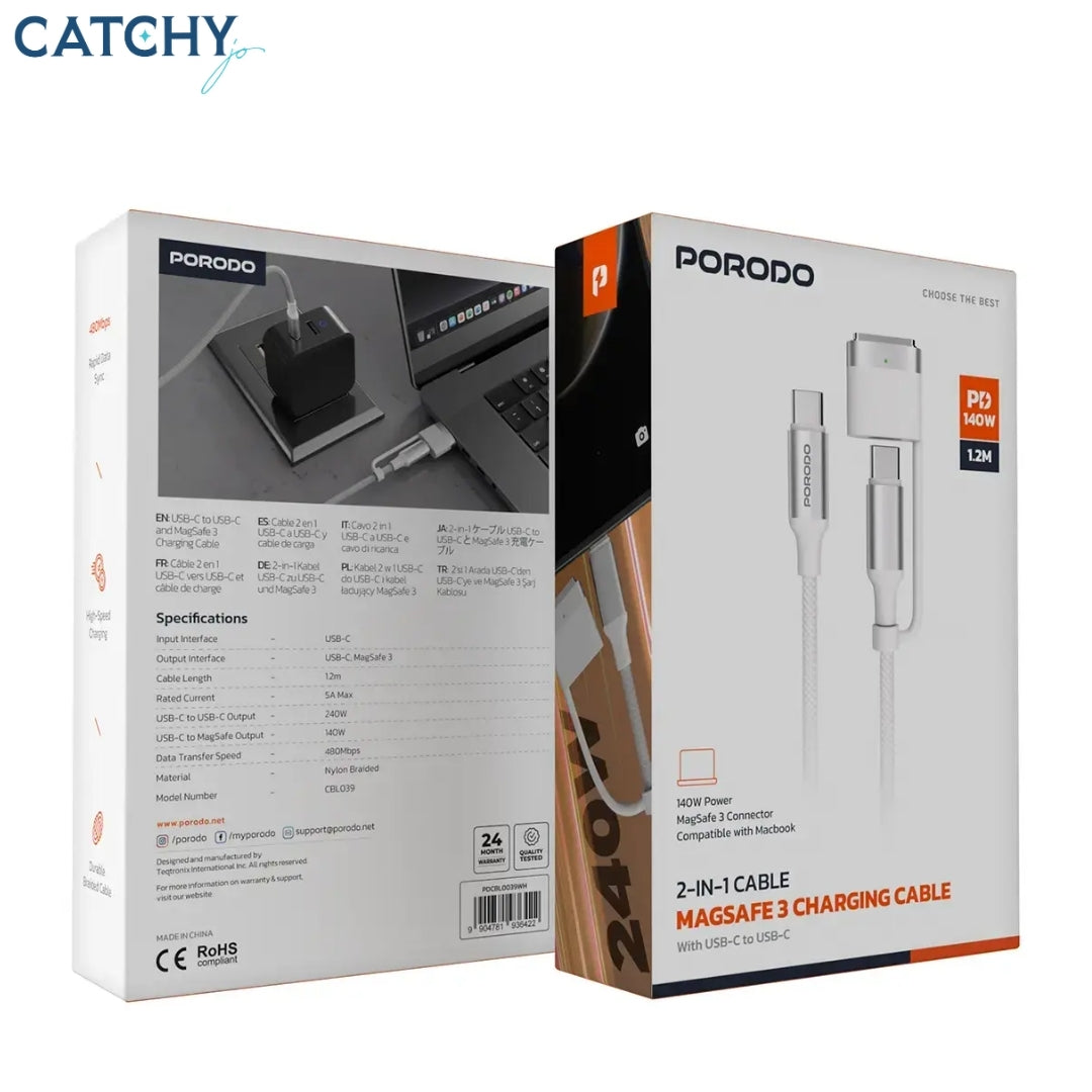 Porodo 2-in-1 Cable MagSafe 3 Charging Cable With USB-C to USB-C