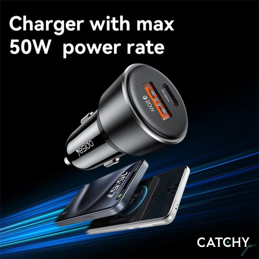 YESIDO Y64 USB+Type-C Dual Port Fast Car Charger (50W)