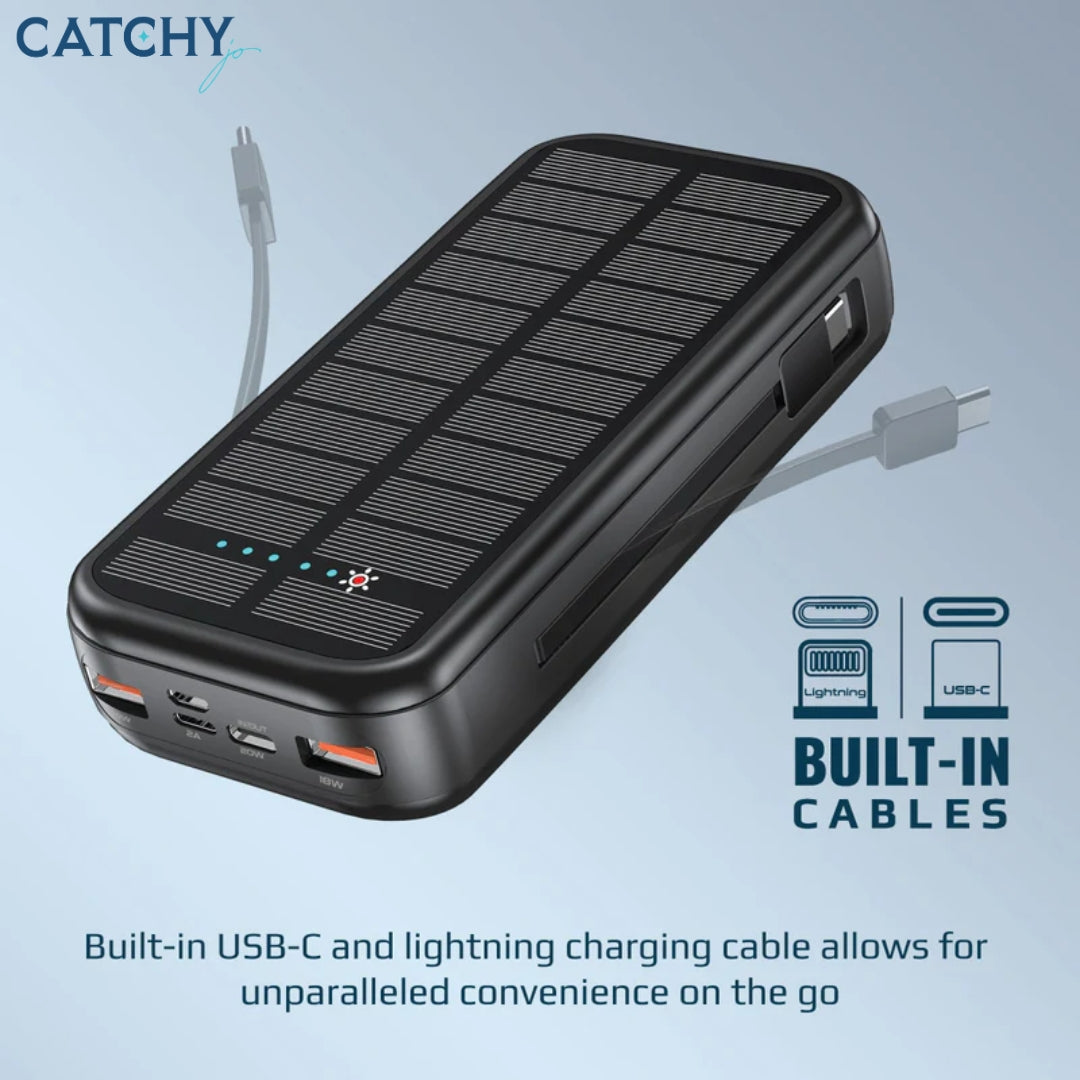 PROMATE Solar Power Bank With Built-in USB-C & Lightning Cables (20000mAh)