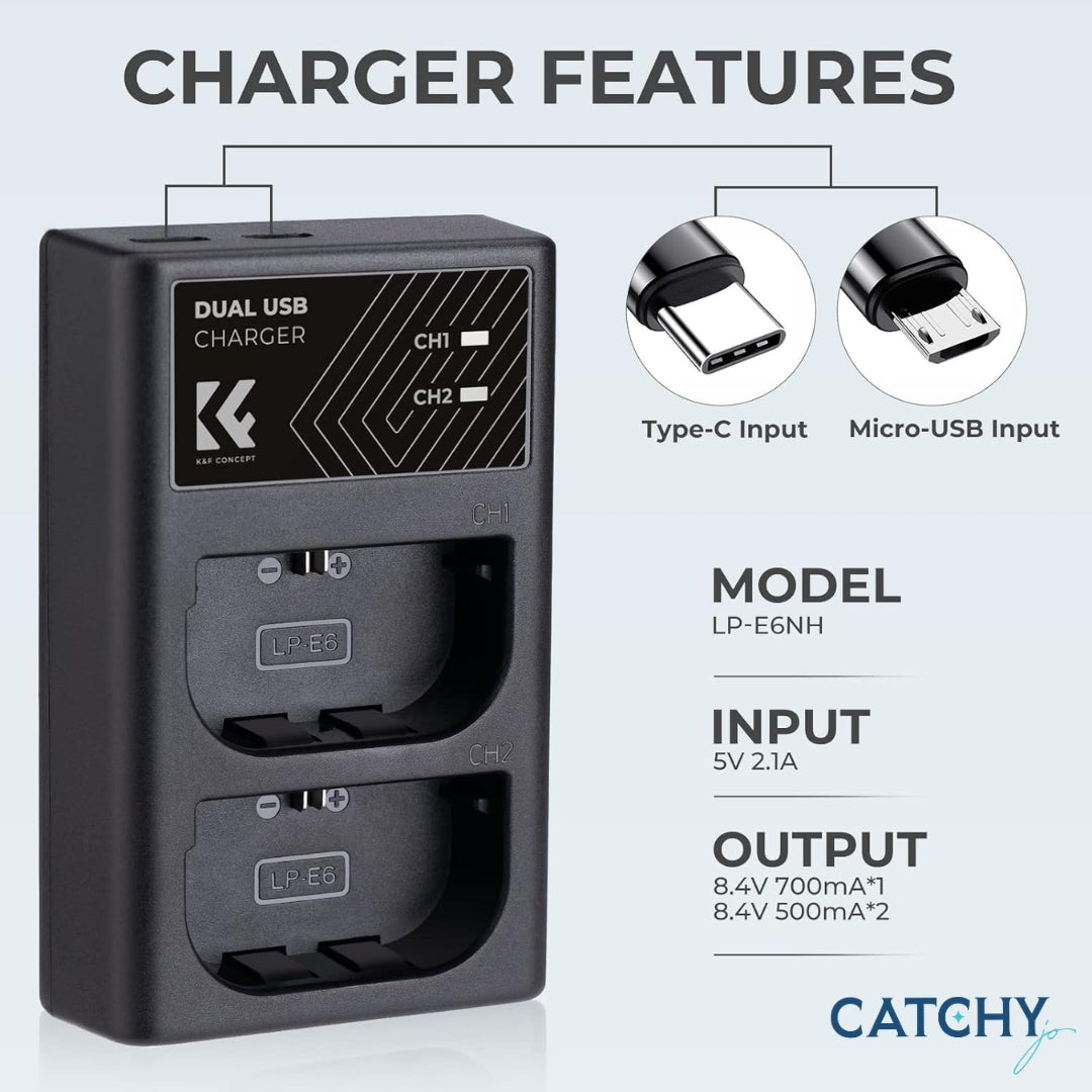 K&F LP-E6NH Canon Battery 2-pack Dual Slot Battery Charger Kit