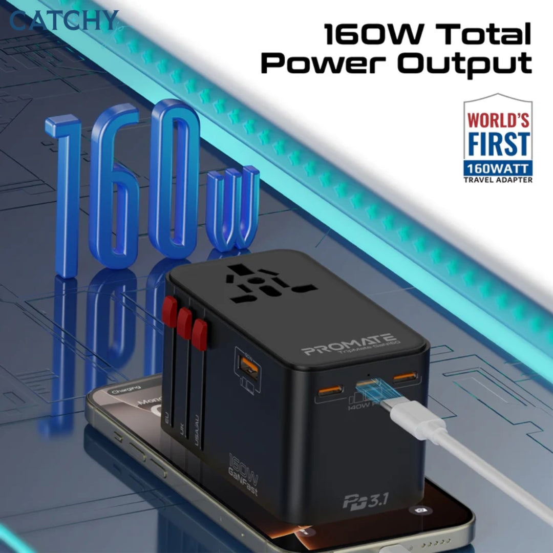 PROMATE TripMate-GaN160 Universal Travel Adapter With Multiple Ports