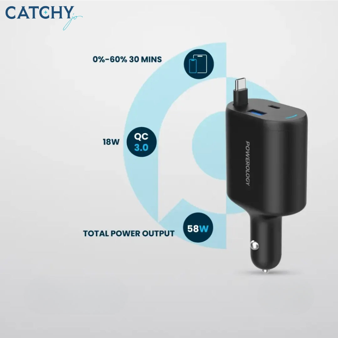 Powerology Type-C Retractable Car Charger (65W)
