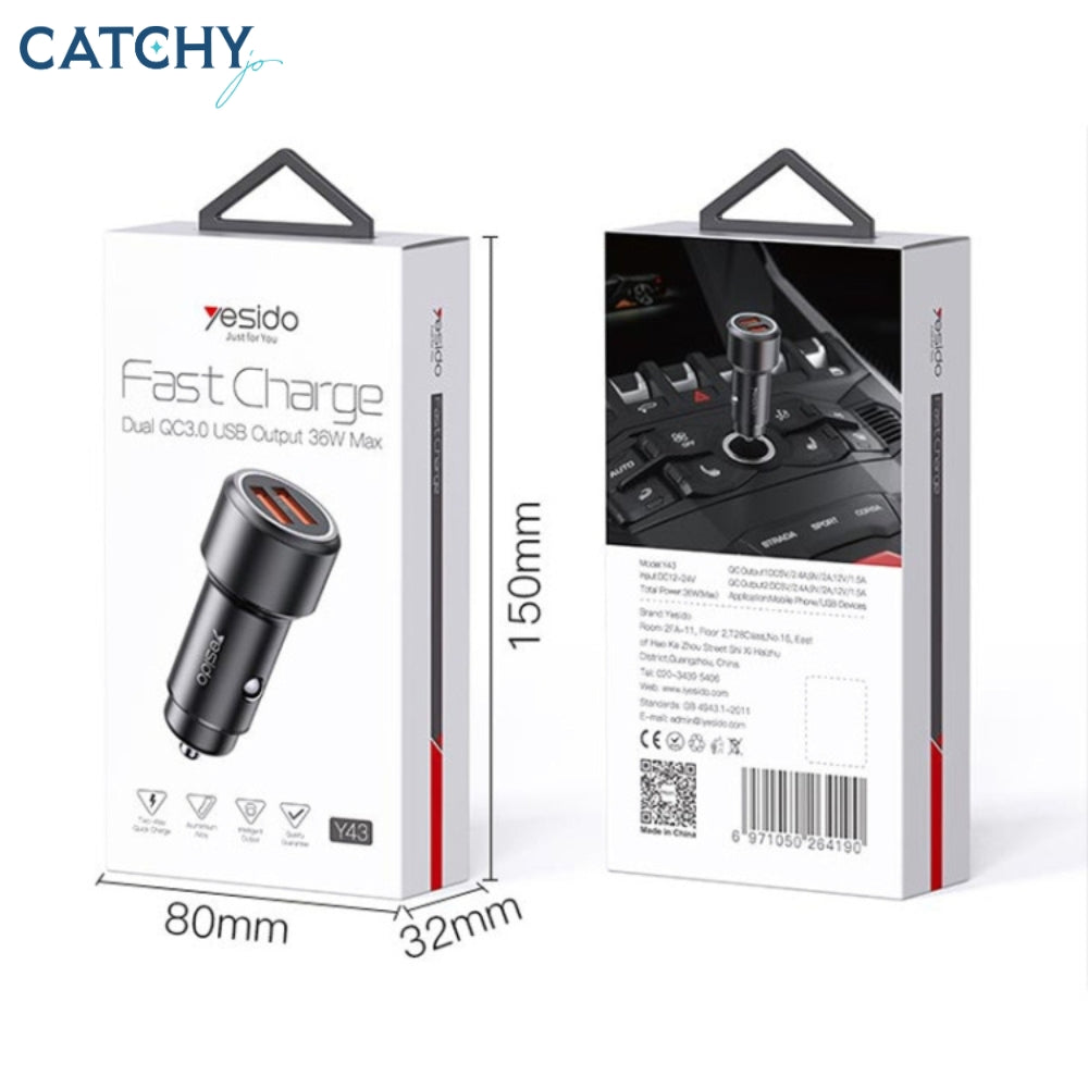 YESIDO Y43 Dual USB Port Car Fast Charger (36W)