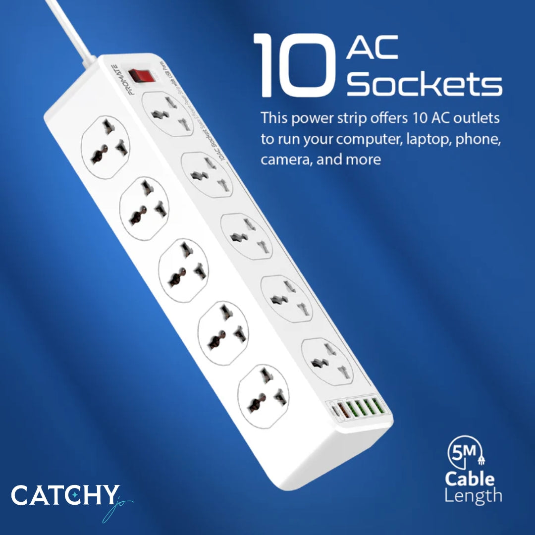 PROMATE PowerMatrix-5M 10AC Socket Power Strip With USB Ports (UK)