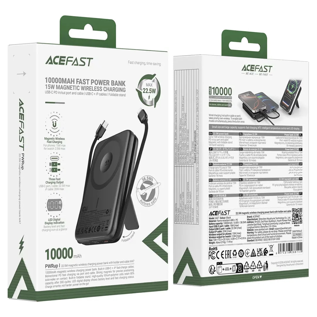 ACEFAST M47 Magnetic Backup Battery With Built-in Cables & Stand (10000mAh)