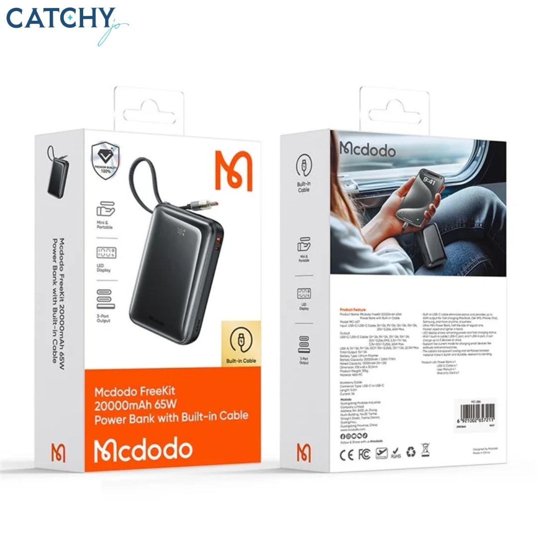 MCDODO MC-6370 USB-C Cable Power Bank With Digital Display (20000mAh)