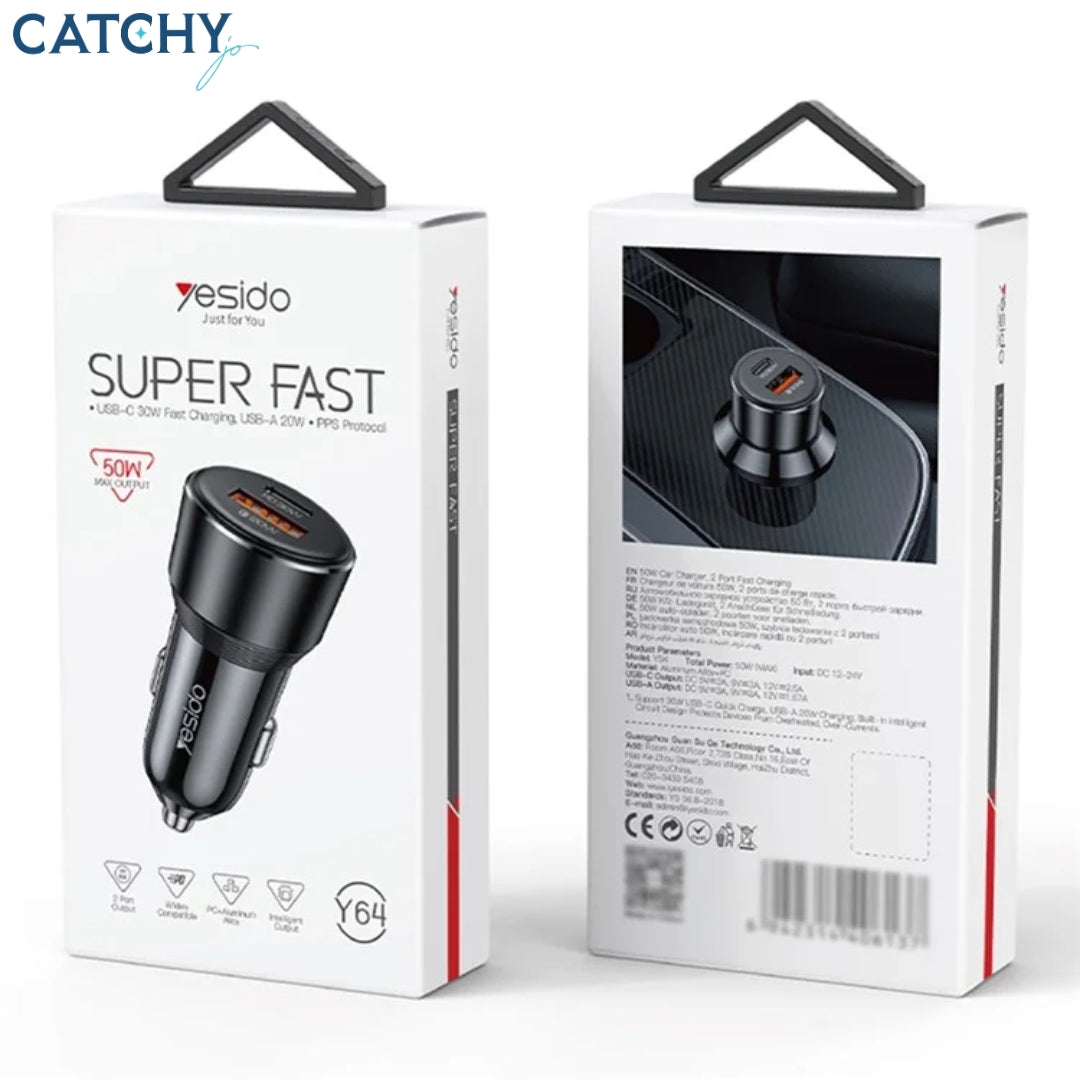 YESIDO Y64 USB+Type-C Dual Port Fast Car Charger (50W)