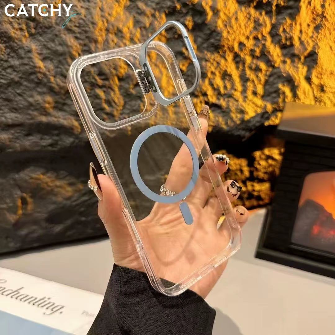 iPhone Series 11+12+13 Wireless Charging Transparent Case With Camera Stand