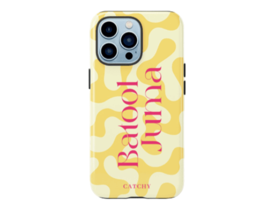 Phone case with yellow abstract pattern and pink text on a white background