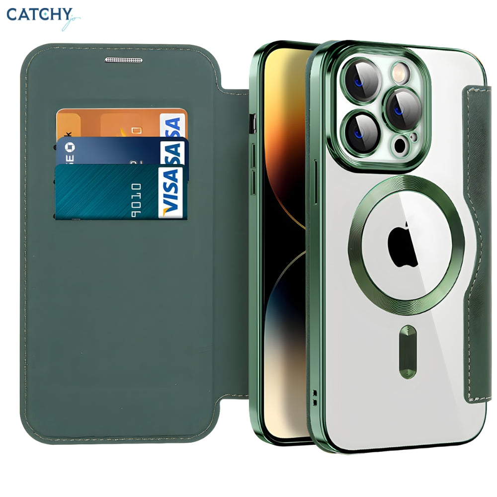 iPhone Leather Flip Wallet Case With MagSafe Camera Protector