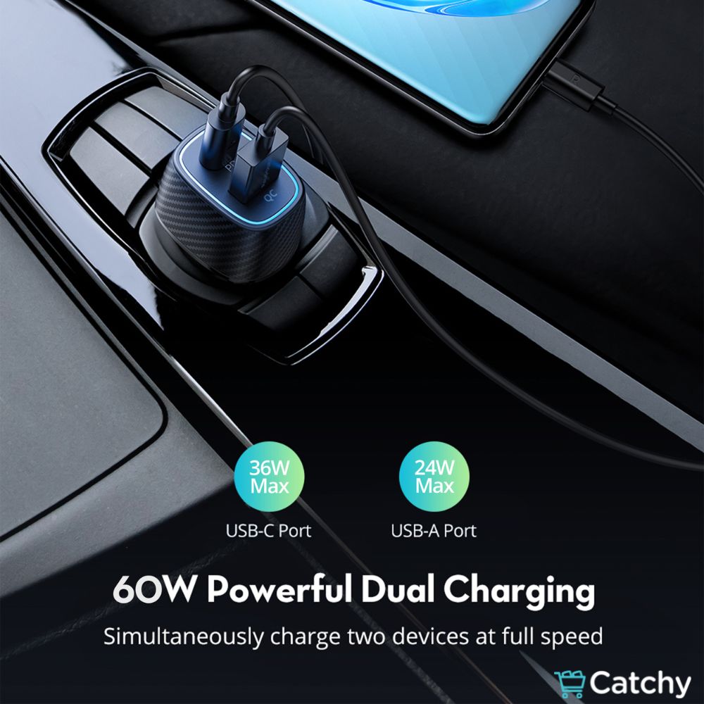 RAVPOWER Car Charger 60W Dual Port QC24W & PD36W