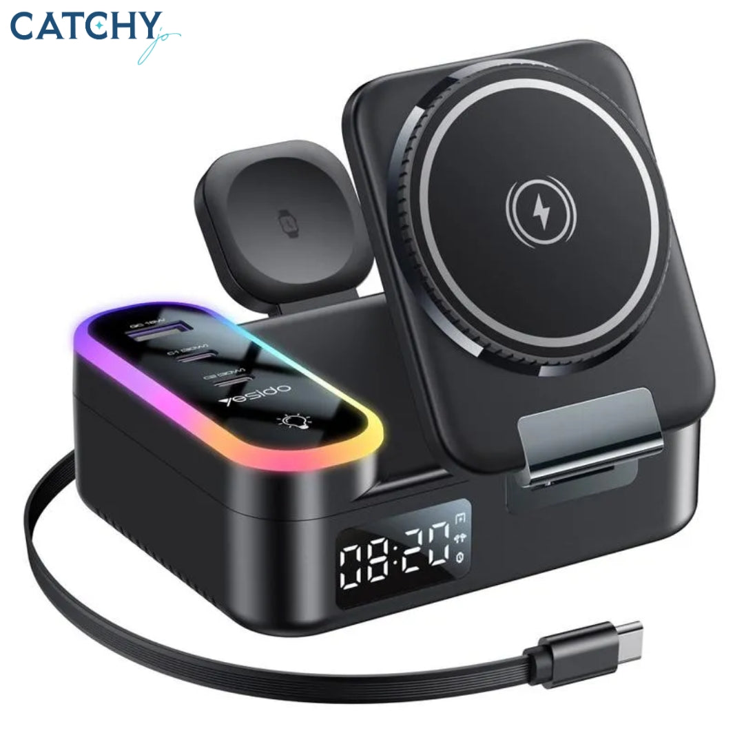 YESIDO DS38 8-in-1 Magnetic Wireless Charging Station with Digital Clock (65W)