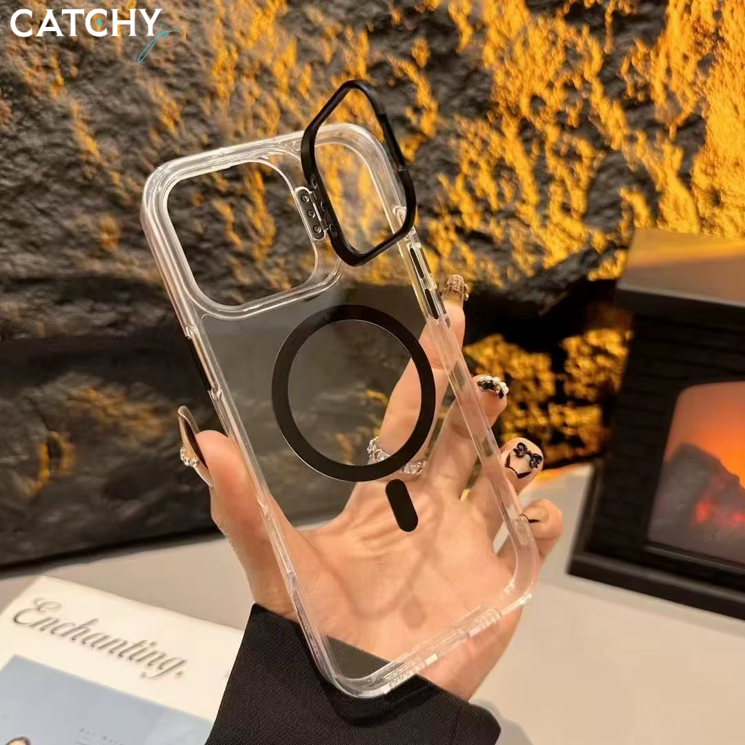 iPhone 14+15+16 Series Wireless Charging Transparent Case With Camera Stand