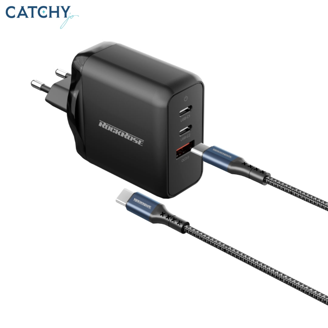 ROCKROSE Eclipse G65 مجموعة شاحن بثلاثة منافذ مع كابل USB-C (65W)