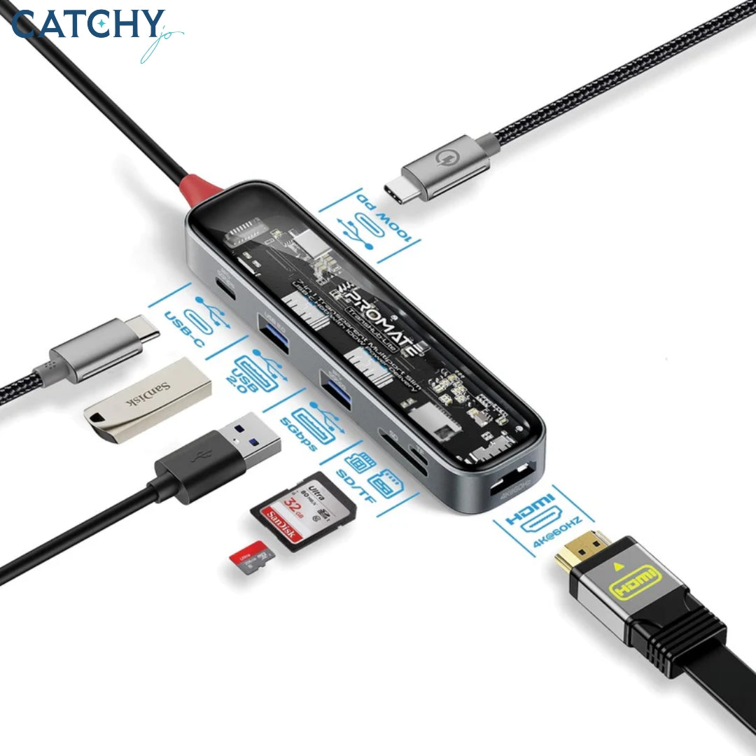 PROMATE TransHub 7-in 1 Transparent Multiport Slim USB-C Hub (100W)