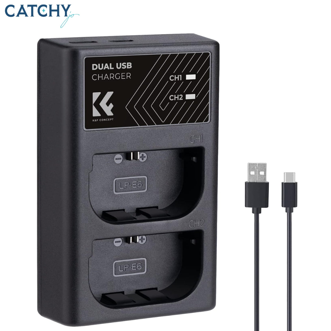 طقم شاحن بطاريات بفتحتين K&F لطراز Canon LP-E6NH، عبوة 2