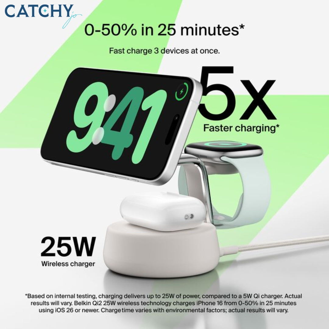BELKIN UltraCharge Pro 3-in-1 Magnetic Charging Dock With Qi2 (25W)