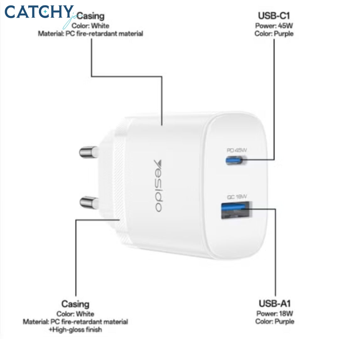 YESIDO YC110 USB-C + USB-A Power Adapter With Type-C Cable