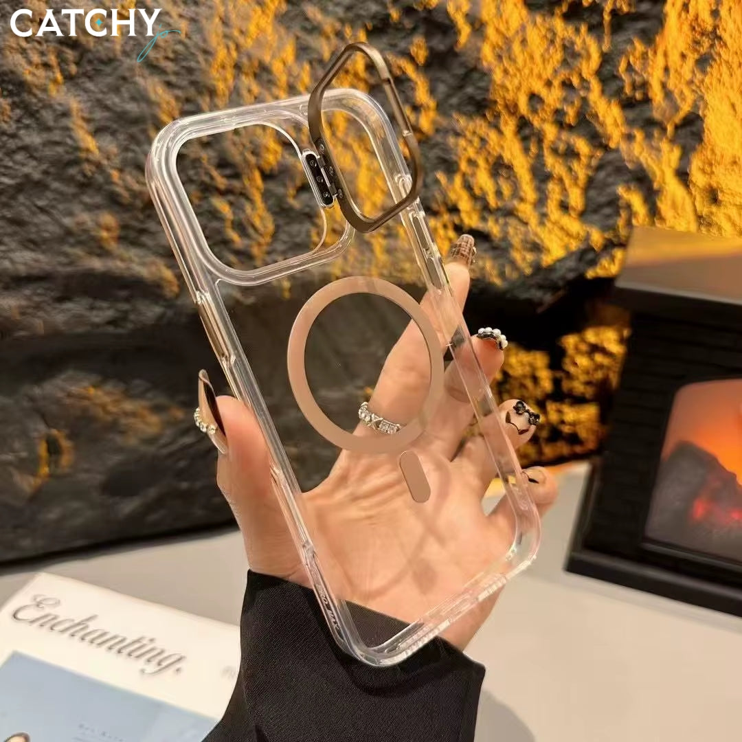 iPhone 14+15+16 Series Wireless Charging Transparent Case With Camera Stand