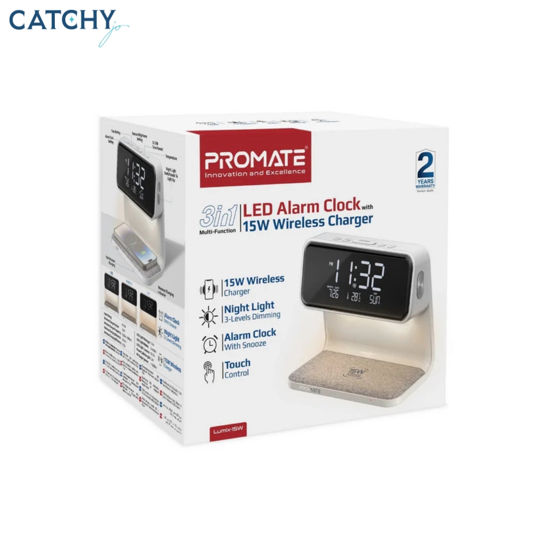 PROMATE Lumix-15W Multi-Function LED Alarm Clock With Wireless Charger