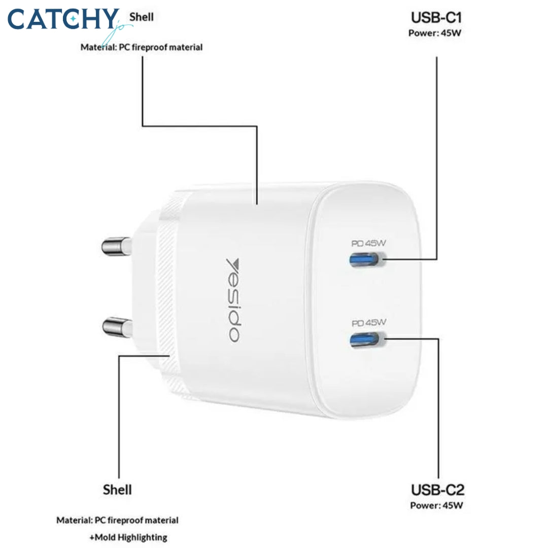 YESIDO YC109 Dual Port Fast Wall Charger With Type-C Cable (45W)
