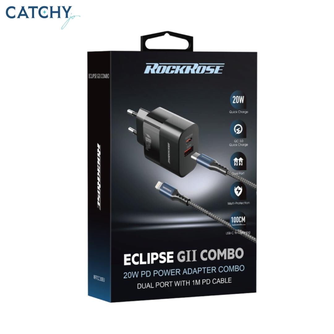 شاحن/محول طاقة ROCKROSE Eclipse GII مع كابل USB-C إلى Lightning (20W)