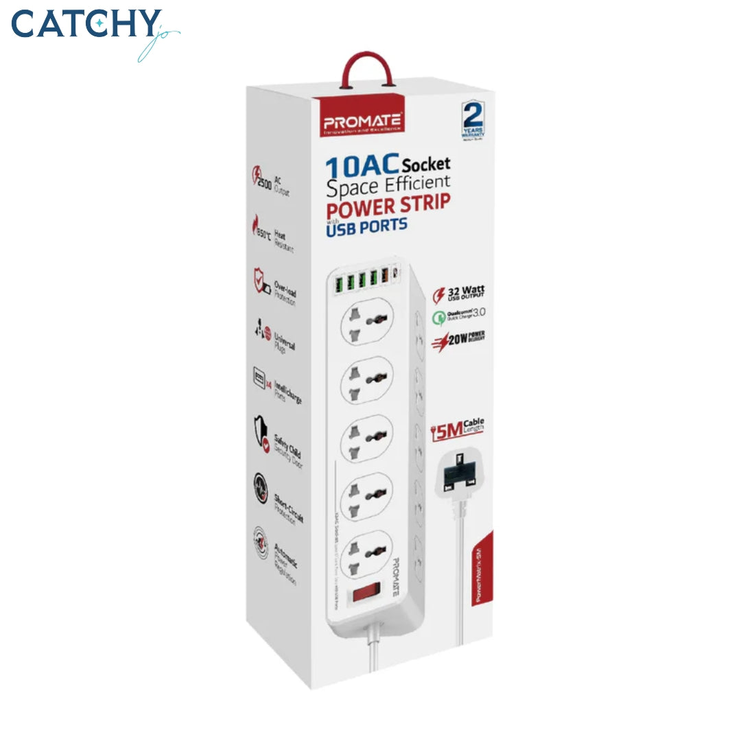 PROMATE PowerMatrix-5M 10AC Socket Power Strip With USB Ports (UK)