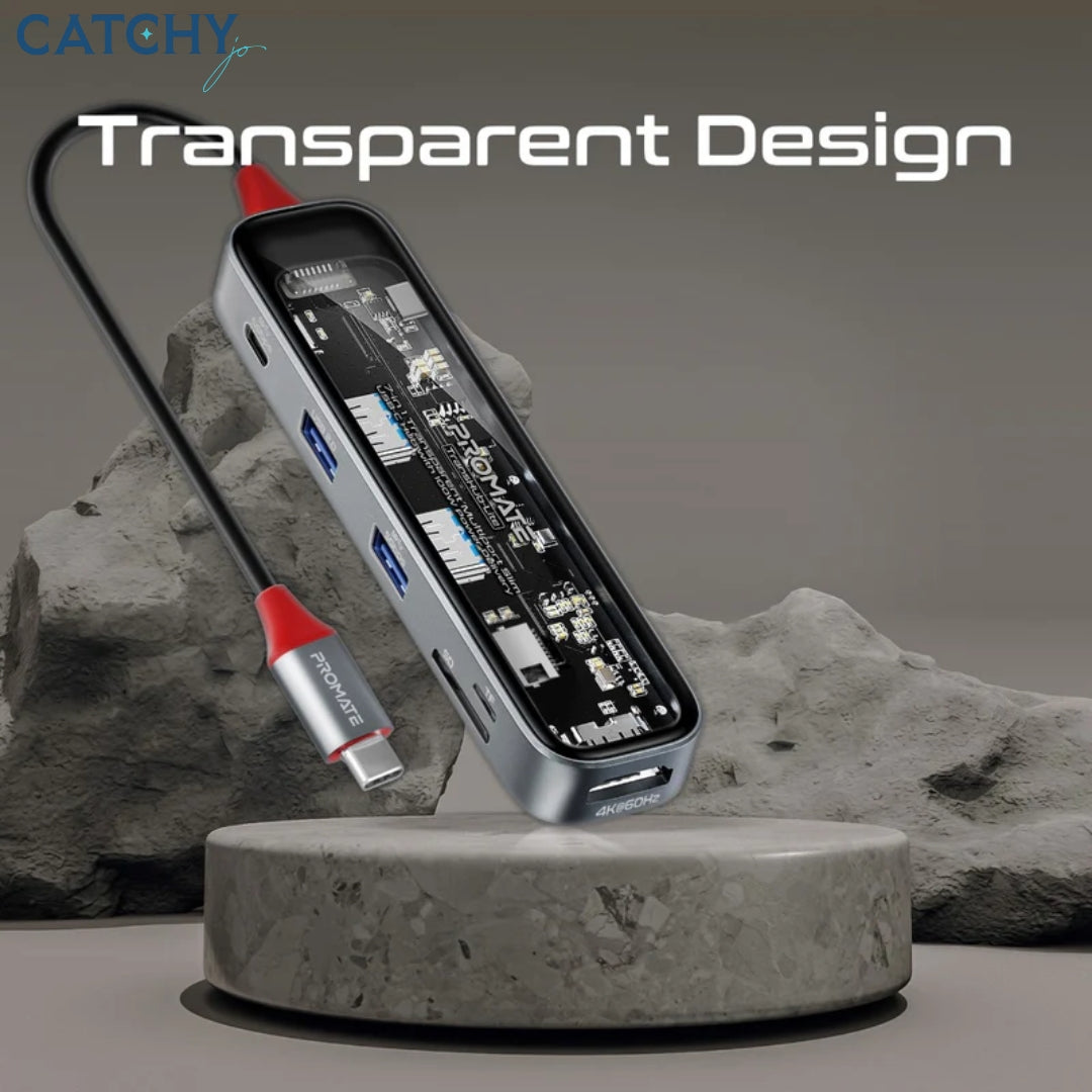 PROMATE TransHub 7-in 1 Transparent Multiport Slim USB-C Hub (100W)