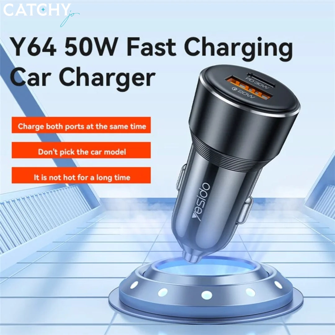 YESIDO Y64 شاحن سيارة سريع بمنفذي USB وType-C (50W)