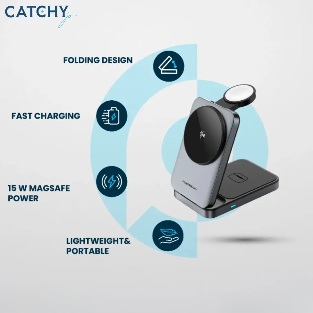 Powerology Foldable 3-in-1 Qi2 Fast Charging Multi-Device Hub