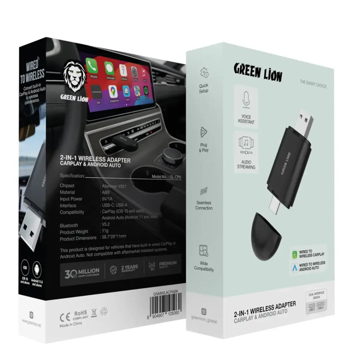 Green Lion 2-in-1 Wireless Adapter for CarPlay & Android Auto