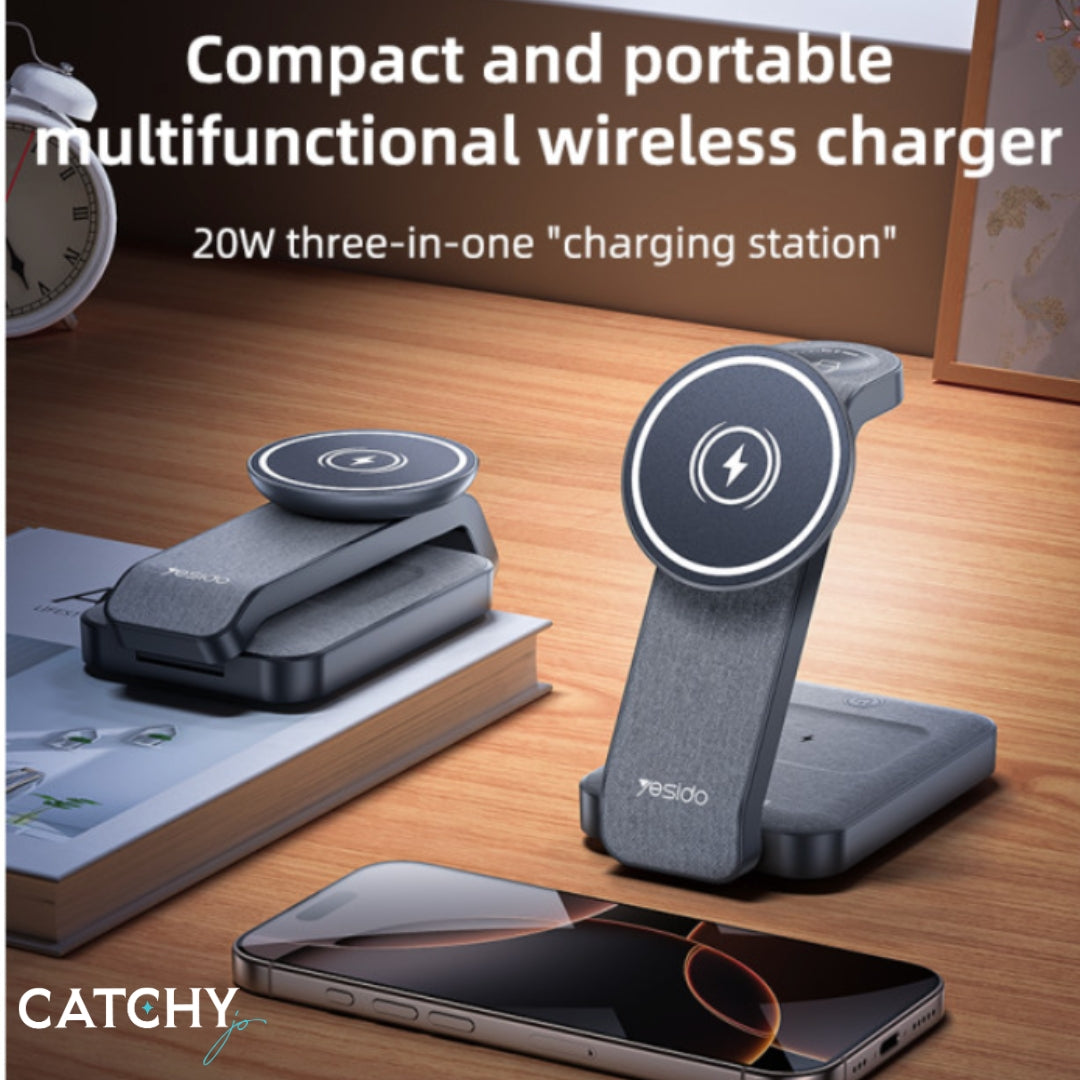 YESIDO DS26  Wireless Fast Charging 3 in 1 Desktop Stand Wireless Charger (15W)