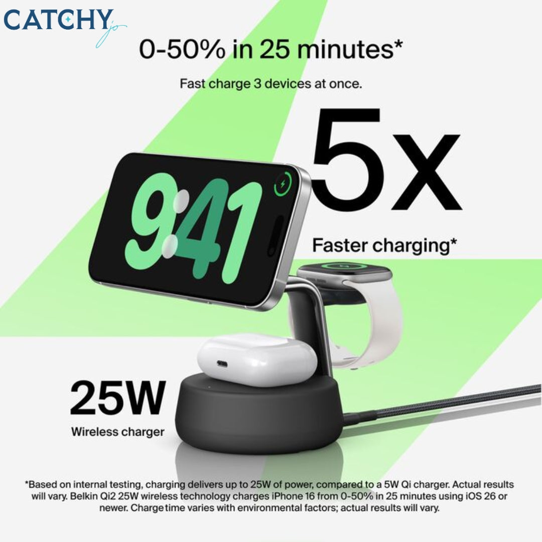 BELKIN 3-in-1 Magnetic Charging Dock With Qi2 (25W)