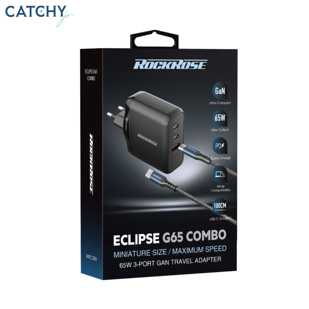ROCKROSE Eclipse G65 مجموعة شاحن بثلاثة منافذ مع كابل USB-C (65W)