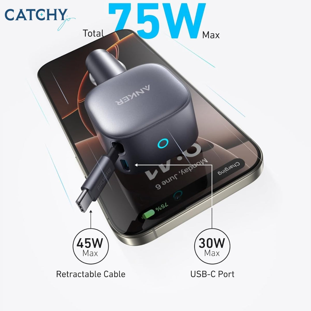 شاحن سيارة Anker USB-C مزود بكابل مدمج قابل للسحب (75W)