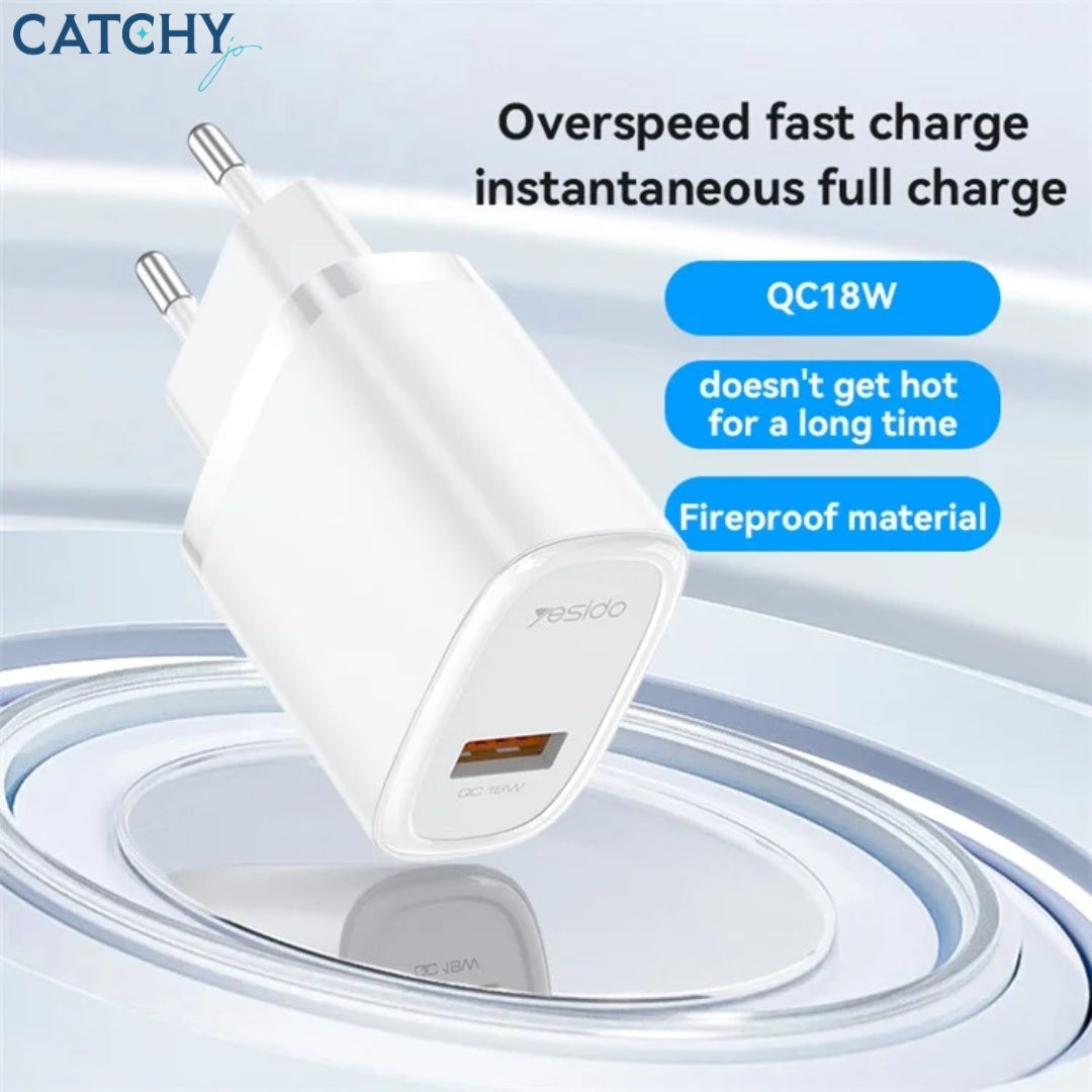 YESIDO YC66C USB Port Wall Charger With Type-C Cable (18W)