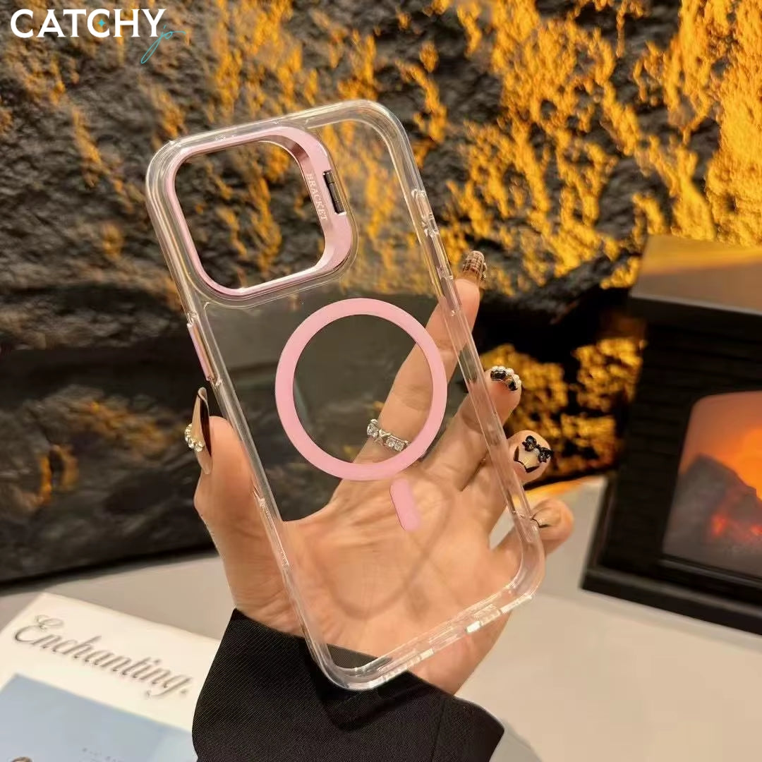 iPhone 14+15+16 Series Wireless Charging Transparent Case With Camera Stand