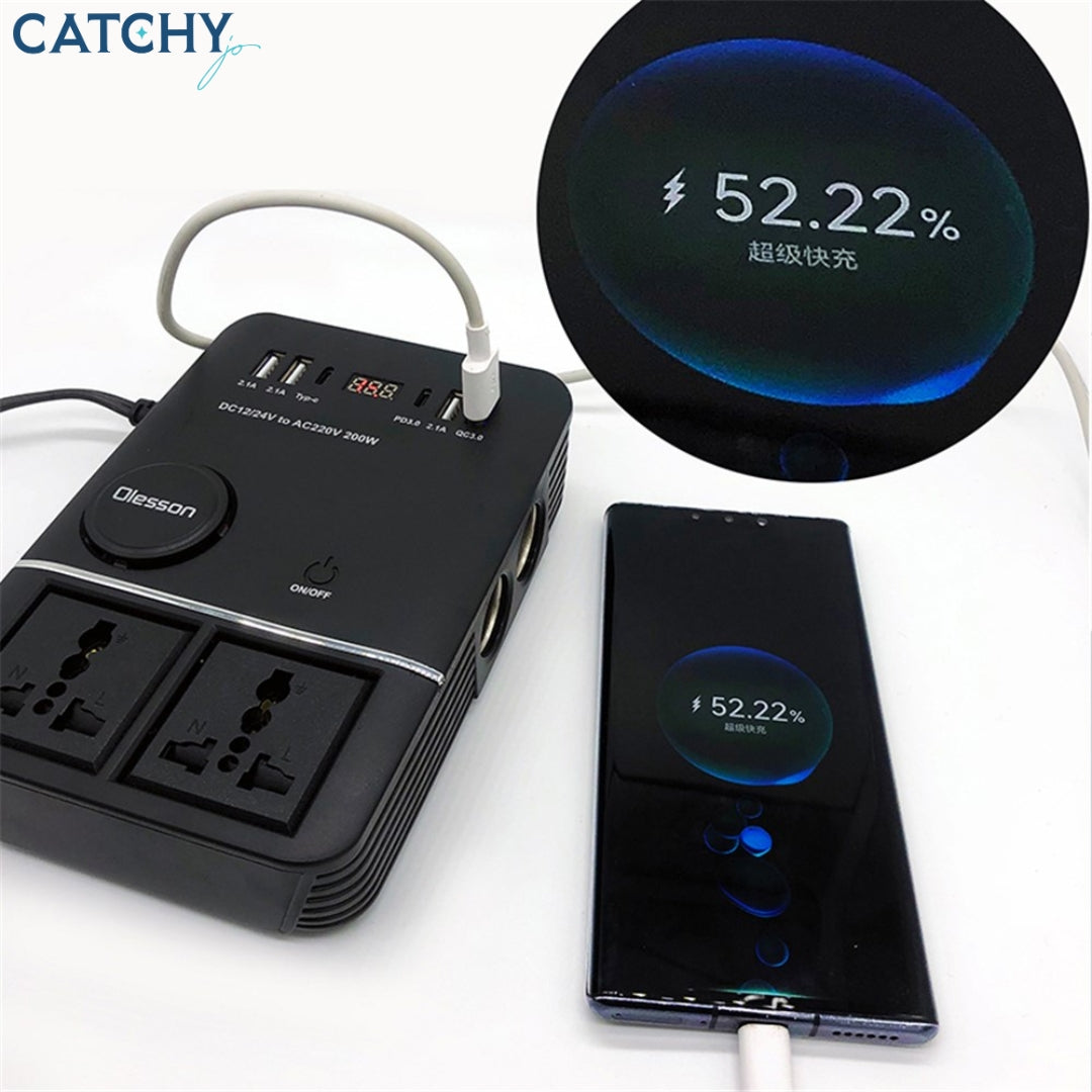 Cigarette Lighter Car Power Inverter USB+Type-C Car Charger (200W)