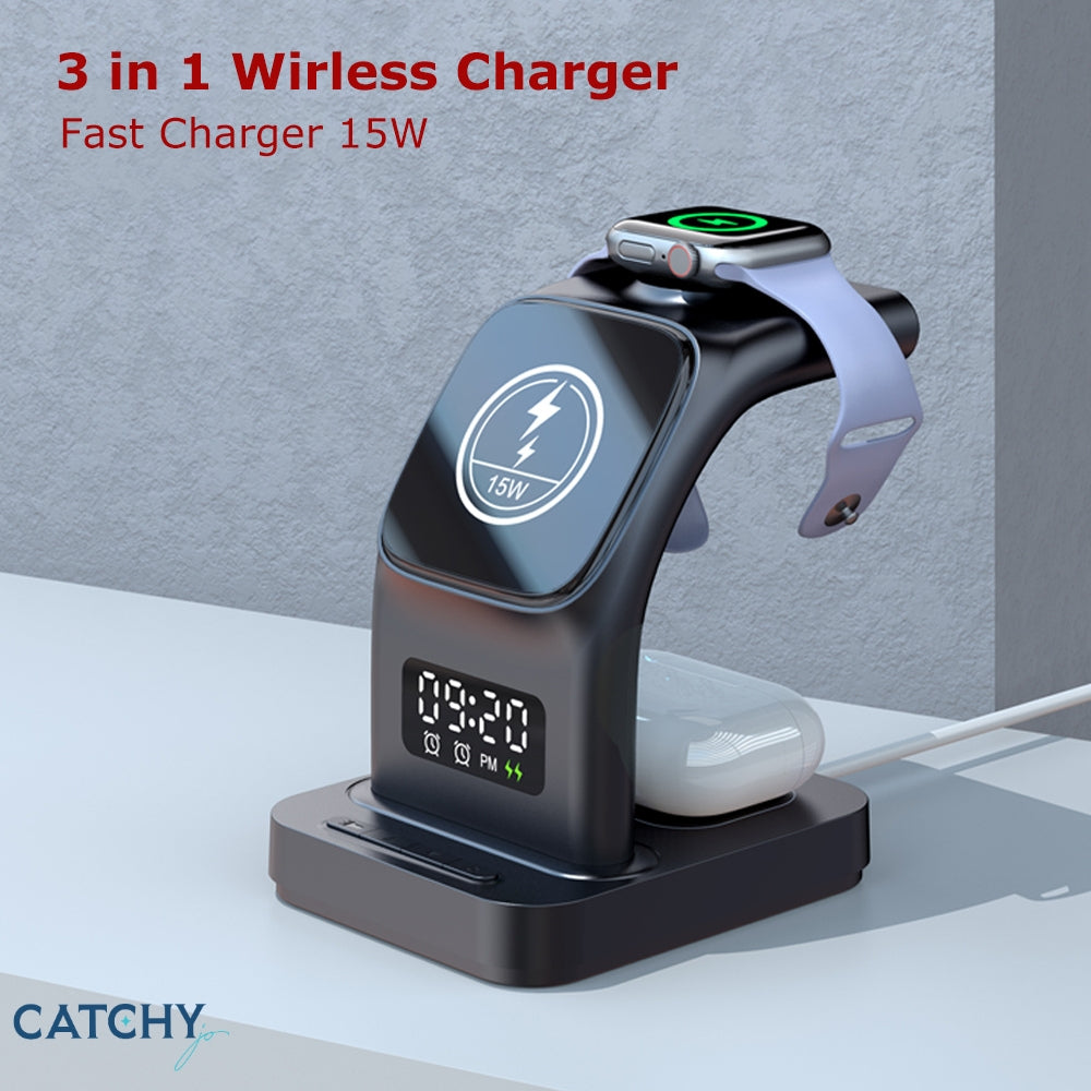 3 in 1 Fast Charger Stand With Digital Alarm