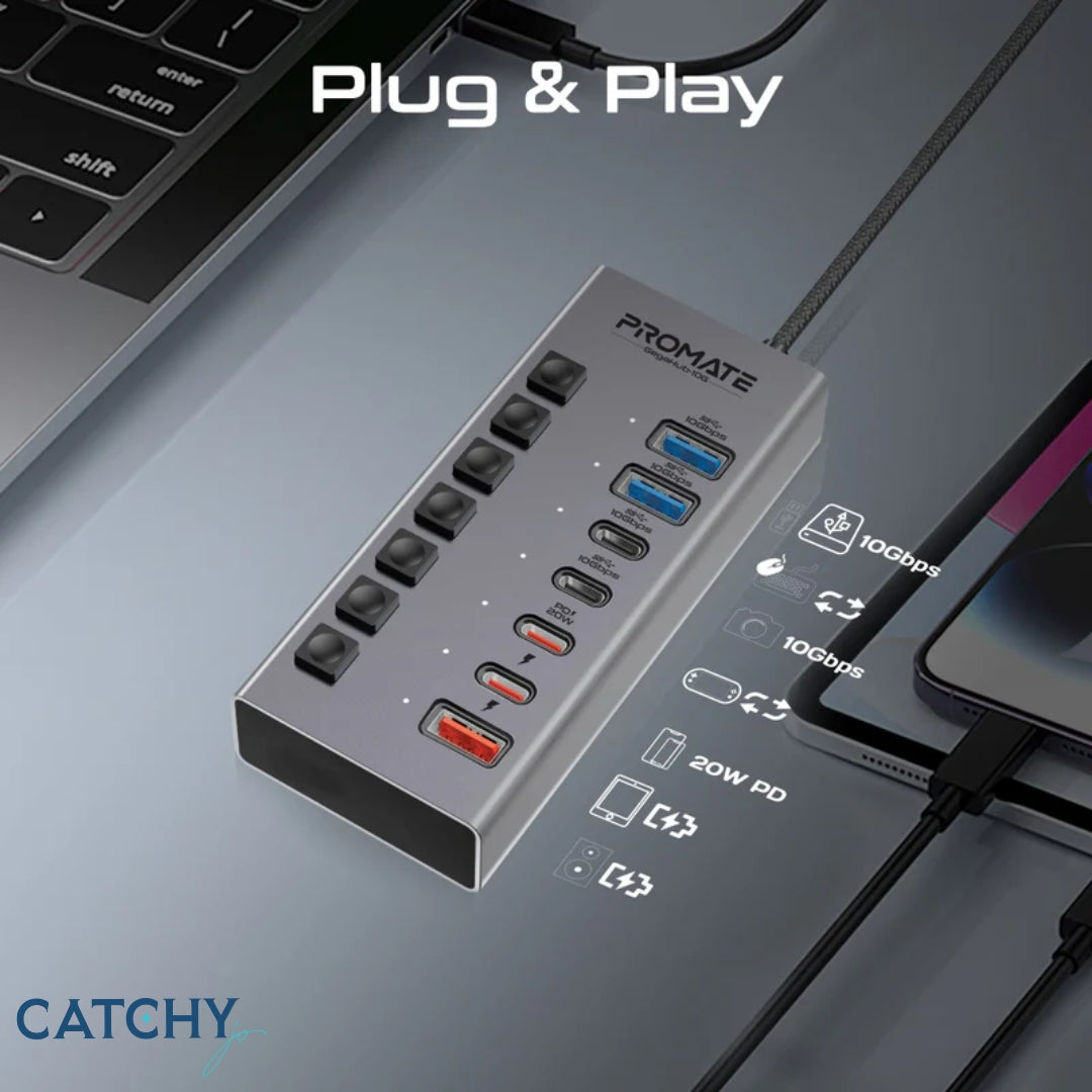 PROMATE GegaHub-10G 7-in-1 High Speed Multi-Ports 10Gbps Data & Charging Hub