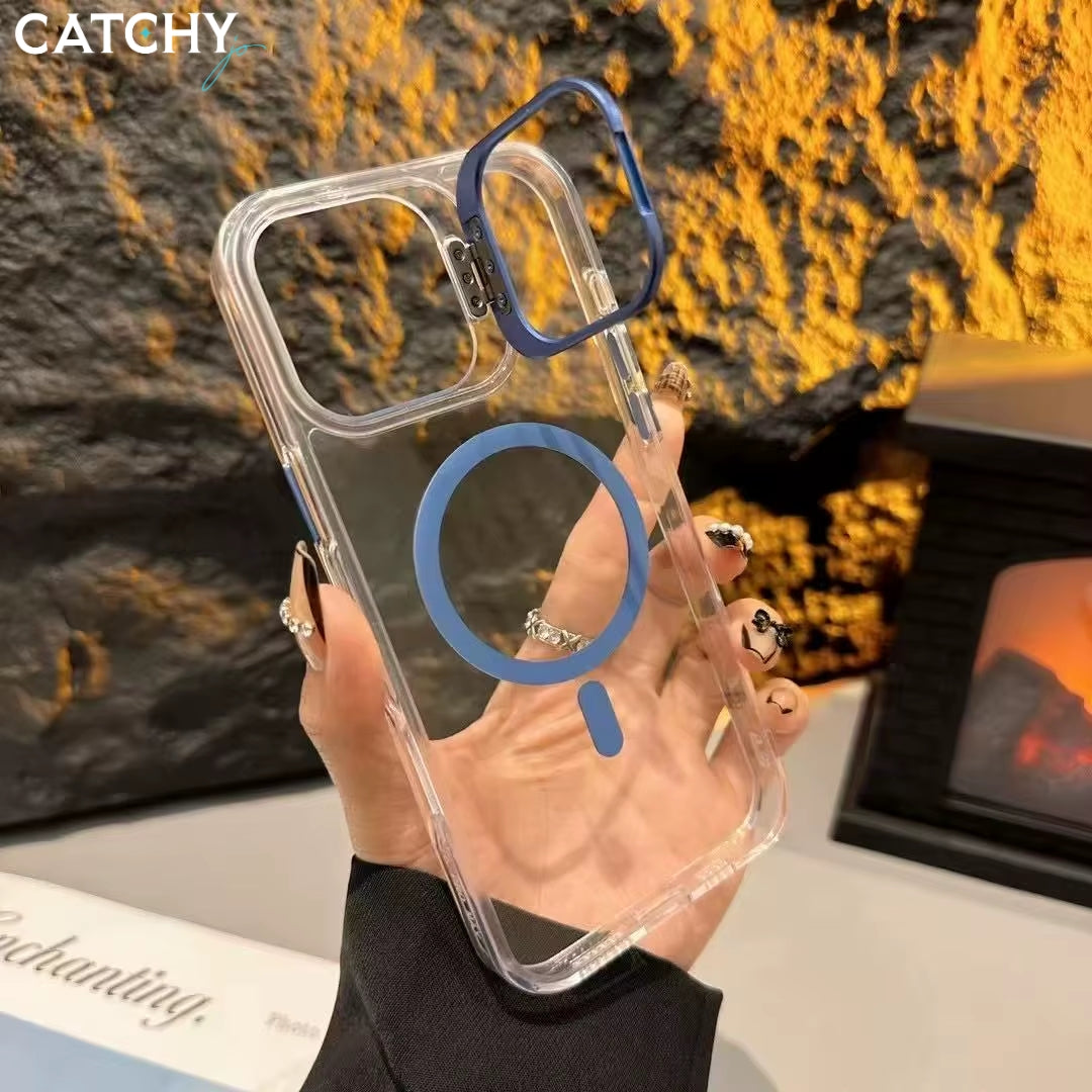 iPhone 14+15+16 Series Wireless Charging Transparent Case With Camera Stand