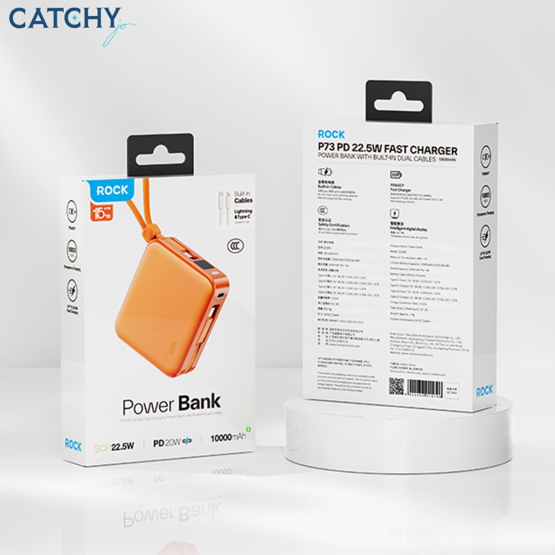 ROCK Fast Charging Power Bank With Built-in Dual Cables (10000mAh)