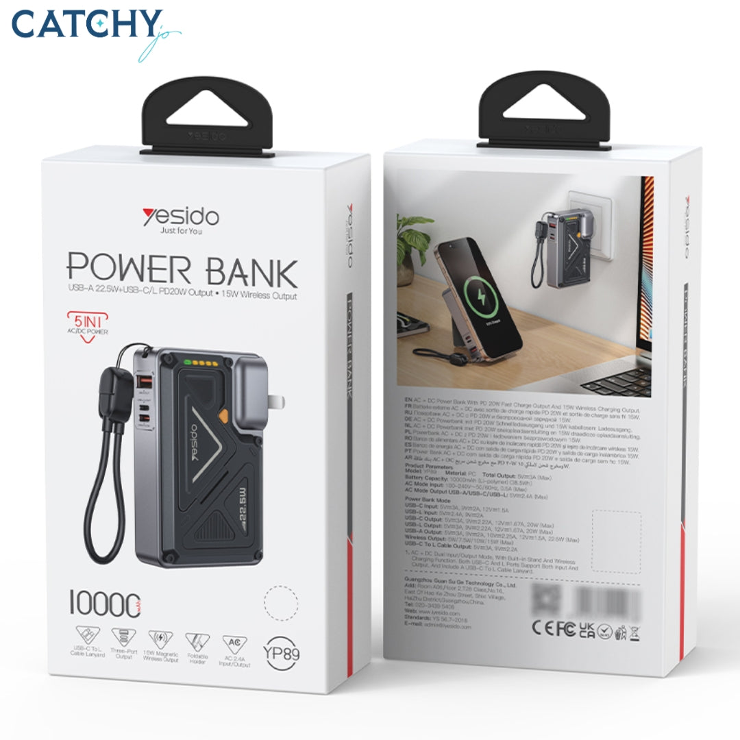 YESIDO YP89 5-IN-1 MagSafe Power Bank With Built-in Stand (10000mAh)